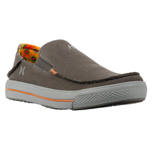 Korkers grey canvas slip on shoe with orange accent stripe and patterned interior lining