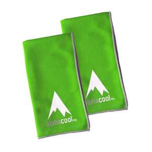 Two bright green Alphacool cooling towels with white mountain logo