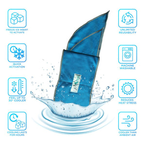 AlphaCool blue cooling towel with eight feature icons surrounding it