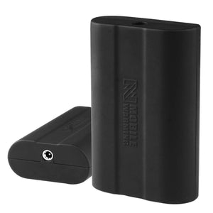 Two black Mobile Warming rechargeable lithium ion batteries