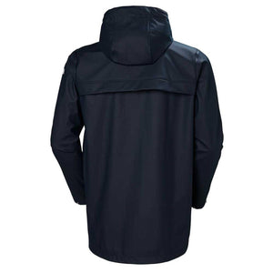 Back view of a navy blue Helly Hansen hooded rain jacket