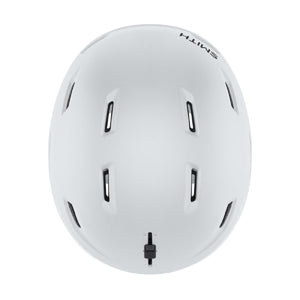 Top view of a white Smith Optics ski helmet with ventilation slots