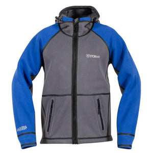 Stormr grey and blue hooded neoprene jacket with front zipper and pockets