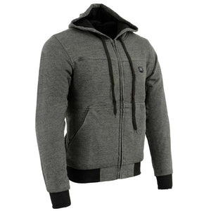 Charcoal grey zip up hoodie with black trim and drawstring hood