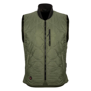 Mobile Warming olive green quilted vest with black zipper and collar