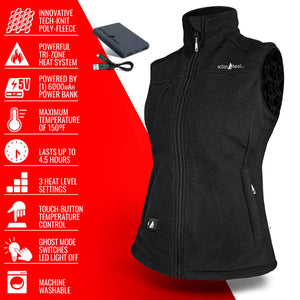 ActionHeat black fleece vest with power bank and feature list