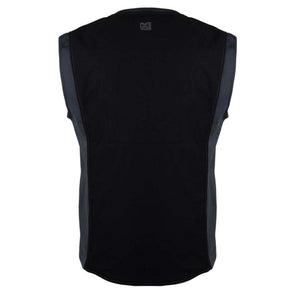 Back view of a black sleeveless shirt with grey side panels and a small logo at the neckline