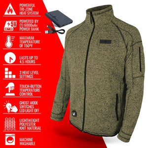 ActionHeat olive green knit heated jacket with power bank and feature list