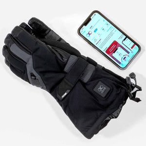 Five O Nine black heated glove with Clim8 app displayed on a smartphone