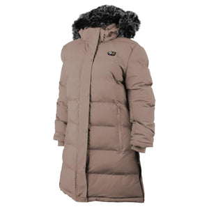 Taupe long puffer coat with a faux fur hood and front zipper closure