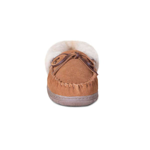 Cloud Nine Sheepskin brown suede moccasin slipper with cream wool lining and leather lace detail