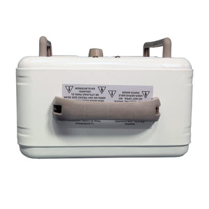 World Marketing heater unit with safety warning labels and carry handle