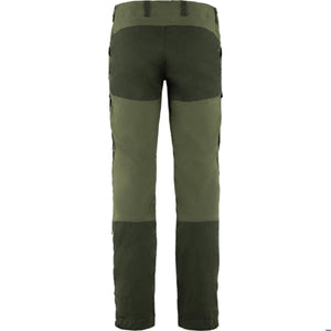 Back view of olive green outdoor trousers with reinforced dark green panels on seat and lower legs