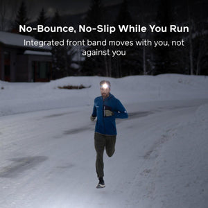 Runner wearing a BioLite headlamp on a snowy road