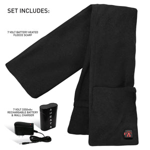 Black fleece heated scarf set with 7 volt rechargeable battery and wall charger