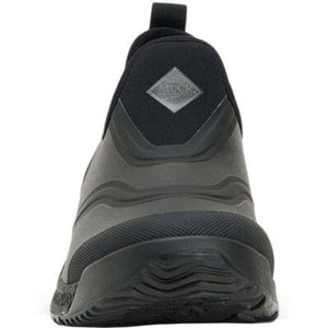 Front view of black Muck Boot slip on shoe with textured rubber sole and logo patch