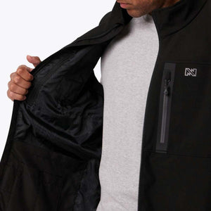Mobile Warming black jacket showing interior lining and chest pocket