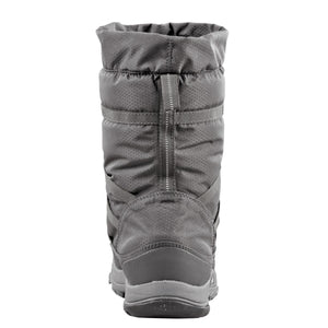 Rear view of a grey insulated winter boot with a pull tab and textured fabric