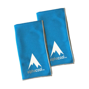 Two blue Alphacool cooling towels with white mountain logo