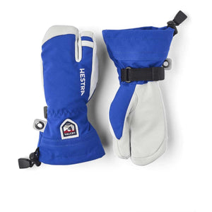 Blue and white Hestra three finger ski mittens with adjustable wrist straps