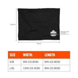 Ergodyne neck gaiter size chart showing width and length measurements for sizes SM and LXL