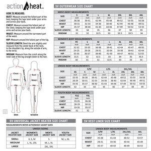 ActionHeat 5V outerwear size chart with measurement instructions and body measurement tables