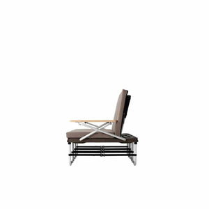 Side view of a Snow Peak folding camping bench with wooden armrests and brown cushions