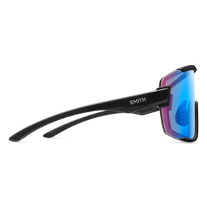 Smith Optics black performance sunglasses with blue mirrored shield lens viewed from the side