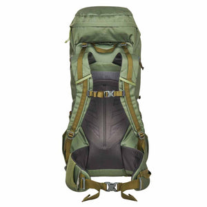 Back view of Kelty olive green hiking backpack with adjustable shoulder straps and padded back panel