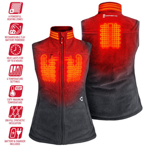 Gerbing heated vest showing four heating zones and product features