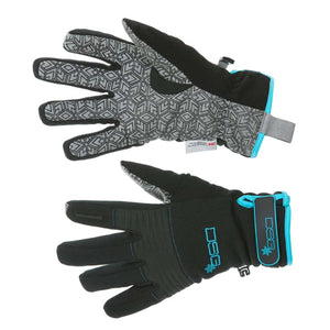 DSG Outerwear black and grey geometric print winter gloves with blue trim and adjustable wrist straps