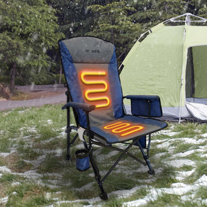 ExtremeMIST heated camping chair with glowing heating elements in seat and backrest outside a tent in the snow