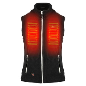 Mobile Warming black fleece vest with highlighted red heating elements on the chest