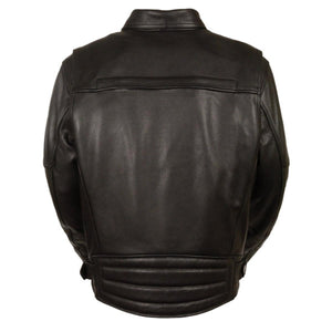 Back view of a black Milwaukee Leather motorcycle jacket with a quilted lower back panel