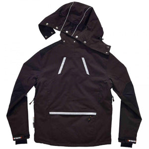 Back view of black N-Ferno winter jacket with reflective strips and detachable hood