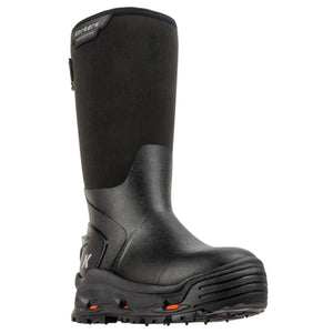 Korkers black waterproof tall rubber boot with textured toe cap and orange sole accents