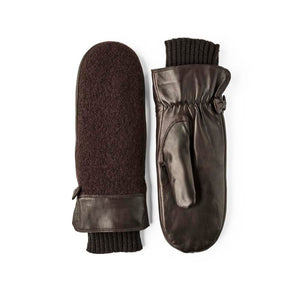 Hestra brown leather and wool mittens with ribbed cuffs