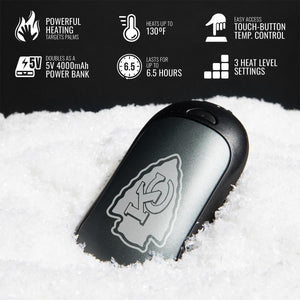 ActionHeat hand warmer with Kansas City Chiefs logo in snow with feature icons