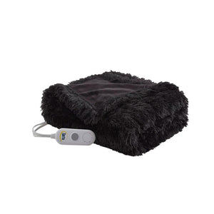 Serta black faux fur heated throw blanket with controller