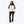 Woman wearing a white and black Mobile Warming puffer jacket with black leggings