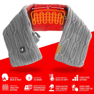 ActionHeat grey cable knit heated scarf with neck heating element dimensions and feature icons