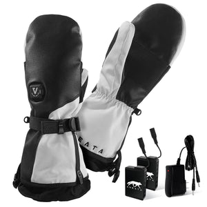 Aheata black and white heated mittens with two batteries and a charging cable