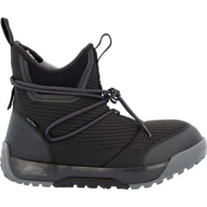 Xtratuf black ankle boot with toggle lacing system and grey lug sole