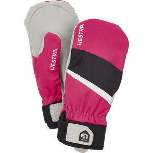 Hestra pink and grey winter mittens with black and white diagonal stripes
