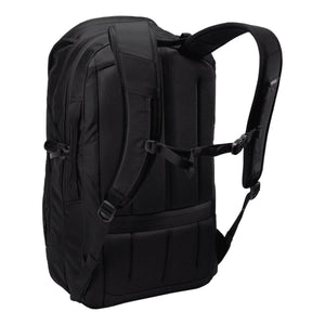 Back view of black Thule backpack showing padded shoulder straps and mesh back panel