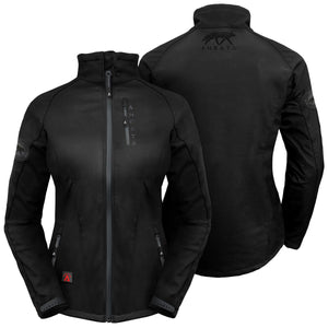 Aheata black softshell heated jacket showing front and back views with branded logos