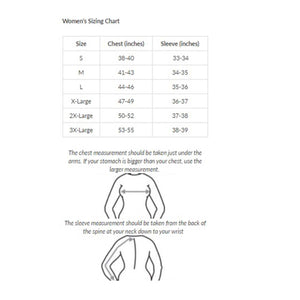 Gears Canada womens sizing chart with chest and sleeve measurements in inches