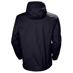 Back view of a black Helly Hansen hooded rain jacket