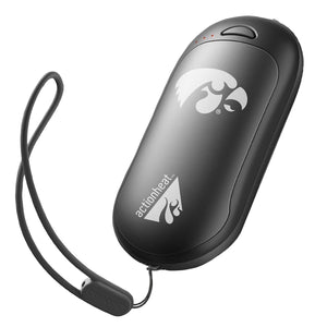 ActionHeat black rechargeable hand warmer with Iowa Hawkeyes logo and wrist strap