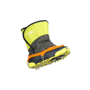 CMP neon yellow and grey winter boot with orange ice traction cleats attached to the sole